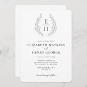 クラシック白黒モノグラム結婚フロマルズインビタ 招待状 (正面/裏面)