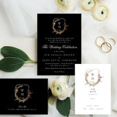 クラシック白黒モノグラム結婚金ゴールドクレスト 招待状
