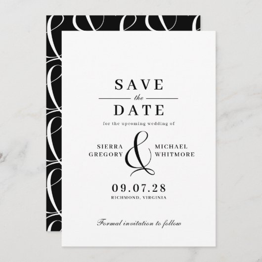 クラシック白黒ヴィンテージモダンタイポグラフィ セーブザデート (正面/裏面)