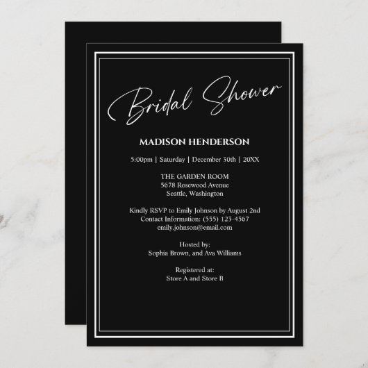 クラシック白黒結婚ブライダルシャワー 招待状 (正面/裏面)