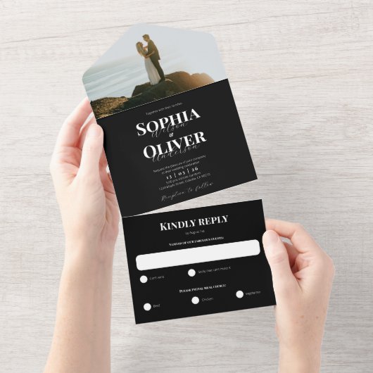 クラシック白黒結婚写真 オールインワン招待状 (貼ってはがせる)