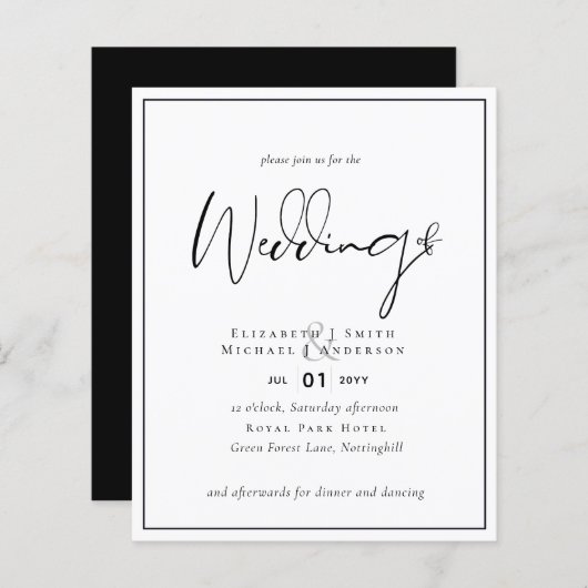 クラシック白黒結婚式招待状予算 (正面/裏面)