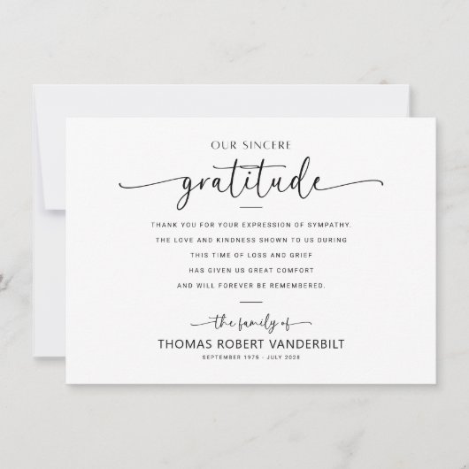 クラシック白・黒ミニマル葬式 サンキューカード (正面)
