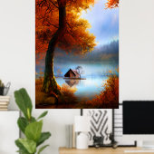 クラシック秋の湖の木々クリムゾンの葉 ポスター (ホームオフィス)