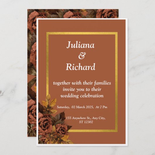 クラシック秋バラ結婚式招待状 招待状 (正面/裏面)