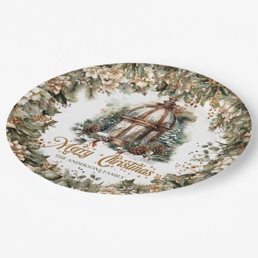 クラシック素朴グリーンと金ゴールドクリスマスランタン ペーパープレート (アングル)