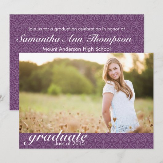 クラシック紫の卒業発表 – 招待状 (正面/裏面)