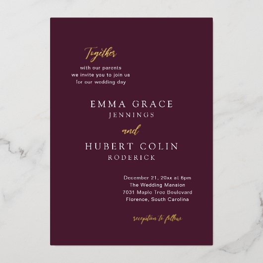 クラシック紫エレガントな結婚式 箔招待状 (正面)