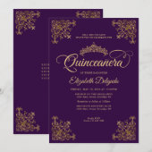 クラシック紫バイオレット金ゴールドフレームティアラキンセアニェラ 招待状 (正面/裏面)