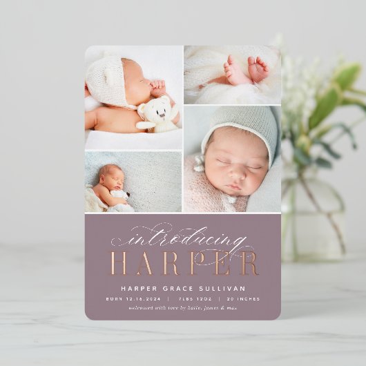 クラシック紹介ホイル写真誕生のお知らせ 箔招待状 (立ち正面)