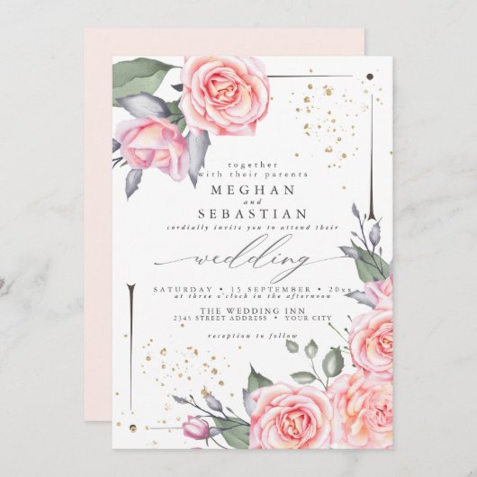 クラシック結婚水エレガント色ピンクローズ 招待状 (正面/裏面)