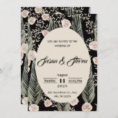 クラシック結婚色、ピンク色のバラ、ベージュ、緑の葉 招待状 (正面/裏面)