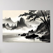 クラシック絵画の風景ロッキー川白黒 ポスター (正面)