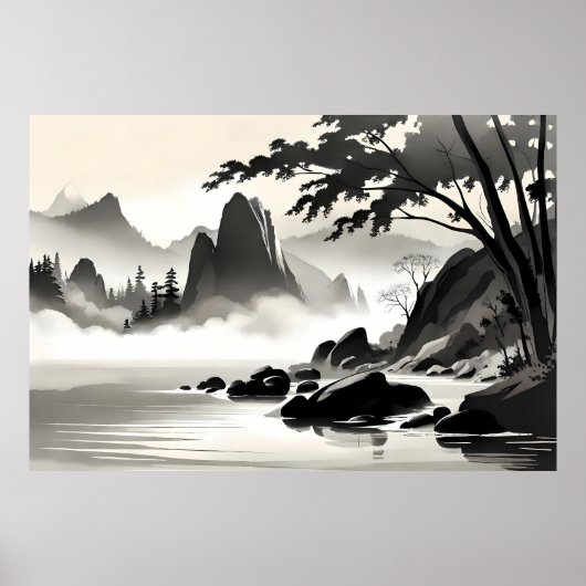 クラシック絵画の風景ロッキー川白黒 ポスター (正面)
