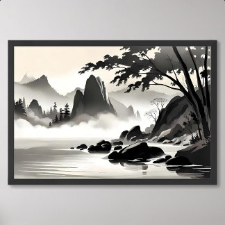 クラシック絵画の風景ロッキー川白黒 ポスター
