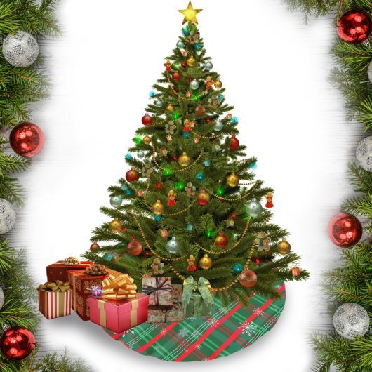 クラシック緑と赤の格子状の雪片 ブラッシュドポリエステルツリースカート