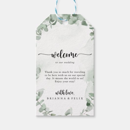 クラシック緑のユーカリの葉の結婚歓迎 ギフトタグ (正面)