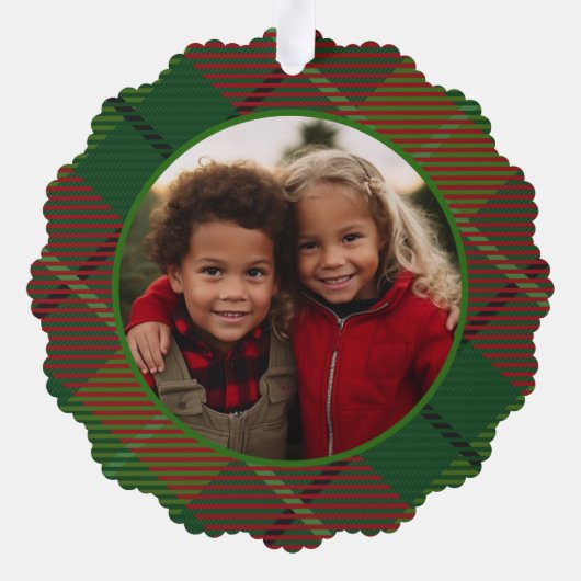 クラシック緑の赤い格子模様 – 写真 – 最も幸せな休日 オーナメントカード (裏面)