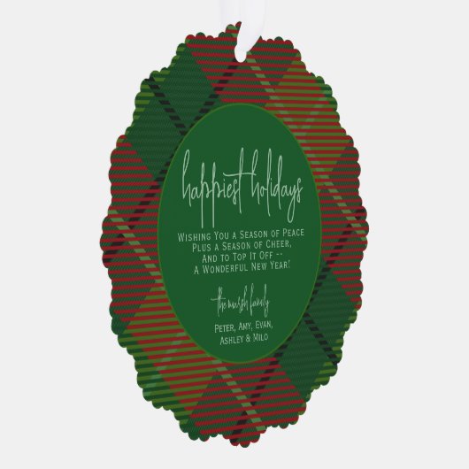 クラシック緑の赤い格子模様 – 写真 – 最も幸せな休日 オーナメントカード (右)