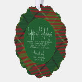 クラシック緑の赤い格子模様 – 写真 – 最も幸せな休日 オーナメントカード (左)
