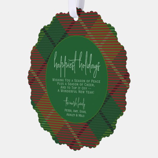 クラシック緑の赤い格子模様 – 写真 – 最も幸せな休日 オーナメントカード (左)