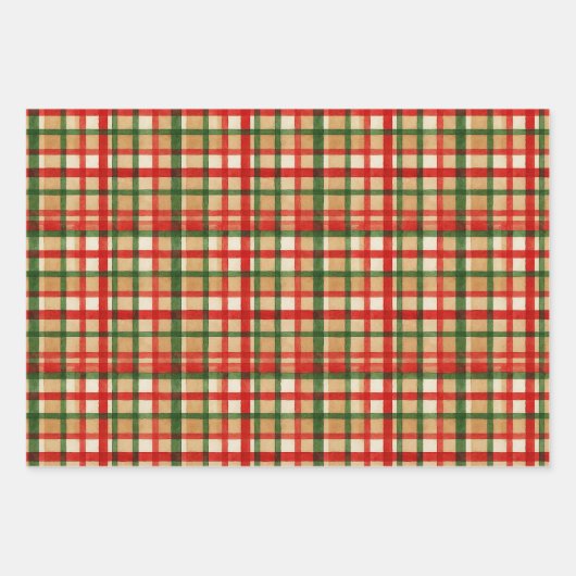 クラシック緑赤水彩格子模様 ラッピングペーパーシート (正面3)
