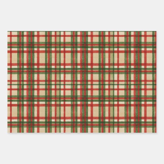 クラシック緑赤水彩格子模様 ラッピングペーパーシート (正面2)