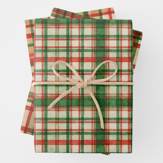 クラシック緑赤水彩格子模様 ラッピングペーパーシート (インサイチュ)