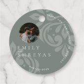 クラシック自然オリーブダマスク写真結婚のラウンド フェイバータグ (裏面)