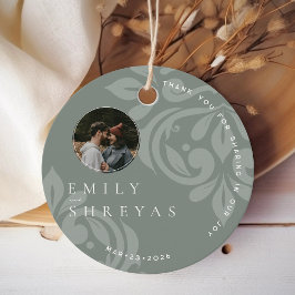 クラシック自然オリーブダマスク写真結婚のラウンド フェイバータグ