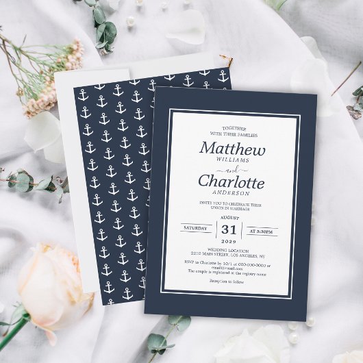 クラシック航海のいかりネイビーブルー結婚ズ 招待状