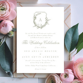 クラシック葉結婚紋付サゲ緑モノグラム 招待状