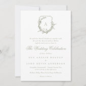 クラシック葉結婚紋付サゲ緑モノグラム 招待状 (正面)