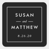 クラシック薄い縁どカスタム結婚式ステッカー、黒 スクエアシール (正面)