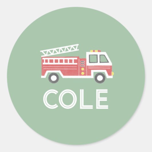 クラシック赤い消防車カスタムの消防士ラベル ラウンドシール (正面)