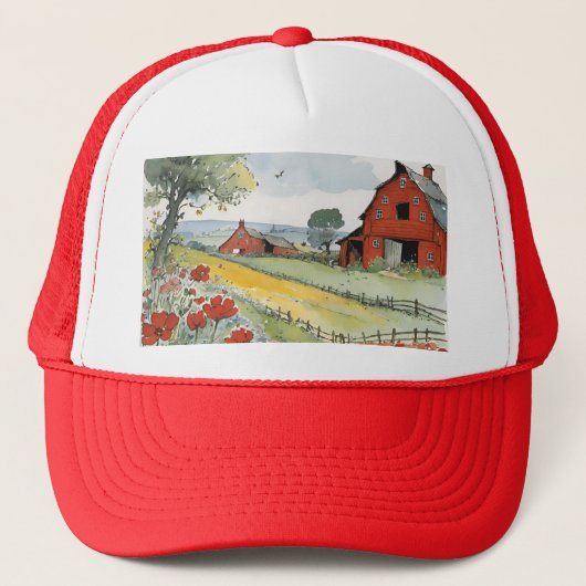 クラシック赤い納屋と野草花の農地 キャップ (正面)