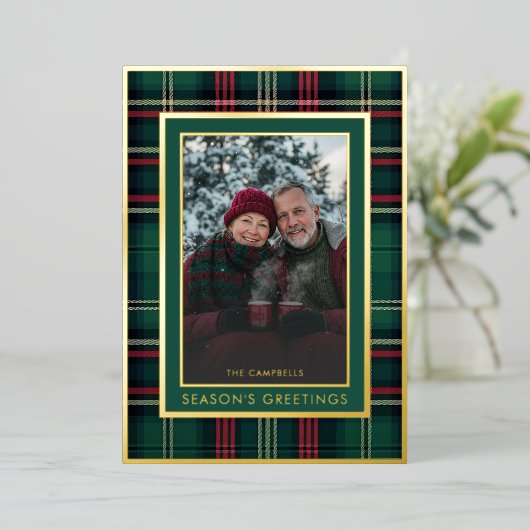 クラシック赤い緑の格子縞の季節の挨拶の写真 箔シーズンカード (立ち正面)