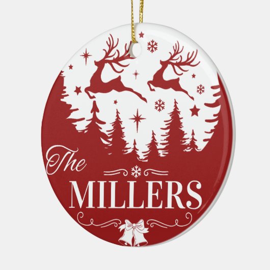 クラシック赤と白クリスマスカスタム家族の名前 セラミックオーナメント (左)