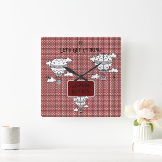 クラシック赤と白タータンチェック スクエア壁時計 (ホーム)