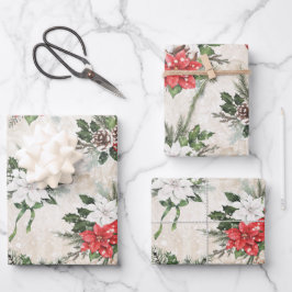 クラシック赤と白松の円錐鳥 ラッピングペーパーシート