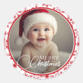 クラシック赤と白Merry Christmas Photo Classi ラウンドシール (正面)