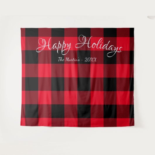 クラシック赤と黒の大きなバッファロープレイドホリデー タペストリー (正面(横))