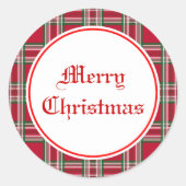 クラシック赤の格子模様メリークリスマスステッカー ラウンドシール (正面)