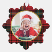 クラシック赤エレガントタータンチェックプライド写真クリスマス オーナメントカード (正面)