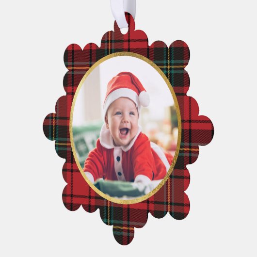 クラシック赤エレガントタータンチェックプライド写真クリスマス オーナメントカード (左)