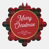クラシック赤エレガントタータンチェックプライド写真クリスマス オーナメントカード (裏面)