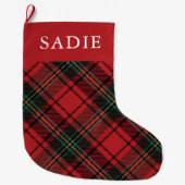 クラシック赤エレガントタータンチェック休日と名前 ラージクリスマスストッキング (正面)