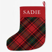 クラシック赤エレガントタータンチェック休日と名前 ラージクリスマスストッキング (裏面)