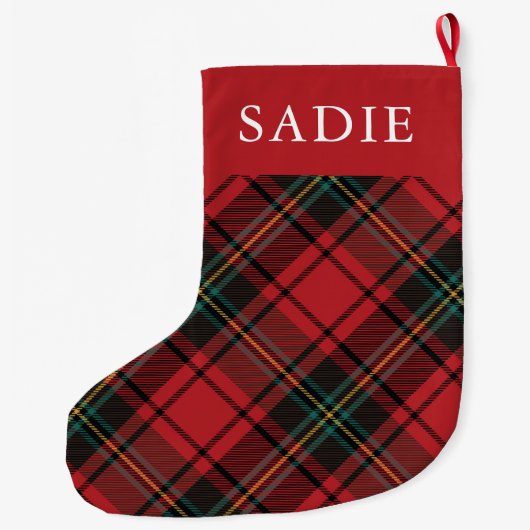 クラシック赤エレガントタータンチェック休日と名前 ラージクリスマスストッキング (裏面)