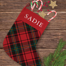クラシック赤エレガントタータンチェック休日と名前 ラージクリスマスストッキング